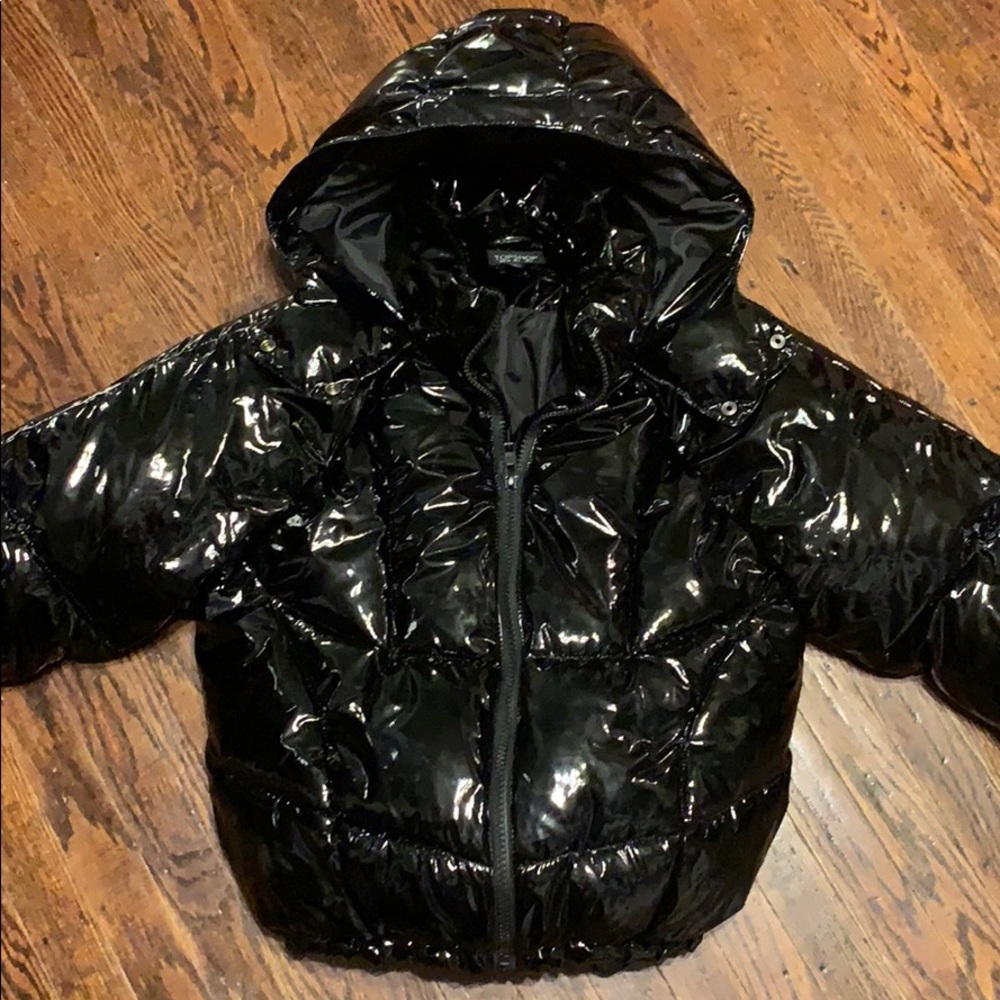 Patent leather bubble jacket.